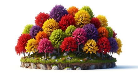 Vibrant Fantasy Forest: Colorful Trees on Floating Island, Isolated White