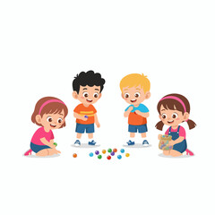 Colorful Cartoon Group of Children Playing with Marbles Illustration