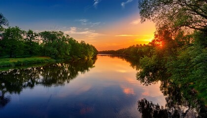 A Tranquil River At Sunset Framed By Trees With Vibrant Hues Reflecting On The Calm Water