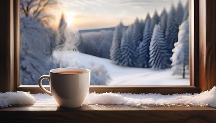 Cozy Winter Day With A Steaming Cup Of Tea On A Windowsill Overlooking A Snowy Landscape