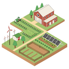 Isometric illustration of a sustainable farm featuring a red barn wind turbines solar panels fields of crops a tractor and fenced areas for livestock or cultivation