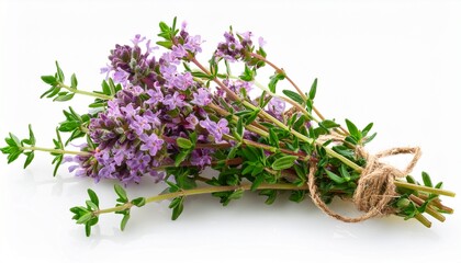 Fresh Thyme Herb With Purple Flowers And Green Leaves Culinary Ingredient Closeup Isolated On Transparent Background