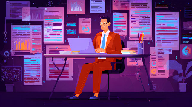 AI analyzing and summarizing data reports or papers. Artificial intelligence generating document. Businessman typing on laptop computer keyboard at desk in office. Stock Illustration