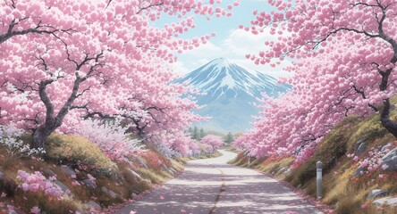 Road Lined with Cherry Blossoms Under a Mountainous Backdrop