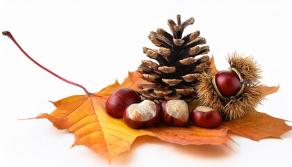 The Pine Cone Chestnuts And Hips On A Dry Autumn Leaf The Isolated Object