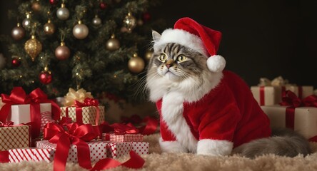 Santas Little Helper Feline in Festive Holiday Attire with Gifts and Decorations
