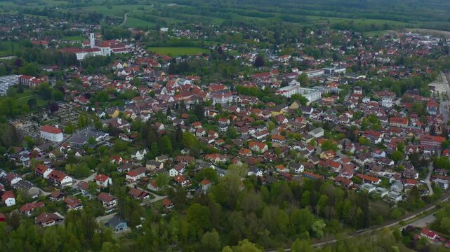 Aerial view of the city and monastery Die&szlig;en am Ammersee in Germany, Bavaria on a sunny spring da