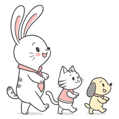 Cute cartoon bunny cat and dog walking together in a line wearing pink accessories representing friendship and teamwork isolated on a white background