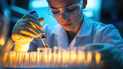 Young scientist in safety glasses working with test tubes and pipette in a laboratory setting