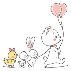 A charming cartoon illustration of a white bear leading a procession of a bunny a kitten and a chick all walking together holding balloons and string on a white background