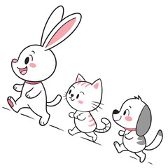Cute cartoon white bunny cat and dog walking together happily in a line isolated on a white background representing friendship and companionship