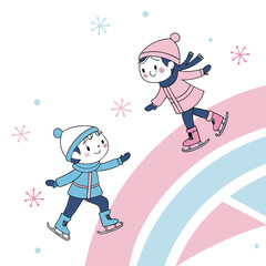 Two happy cartoon children ice skating together on a pastel rainbow in a winter wonderland with snowflakes falling around them