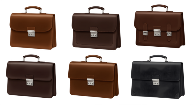 Realistic vector briefcase collection illustration with stylish business accessories, leather portfolio case, office document bag, professional luggage storage for businessmen and travel essentials