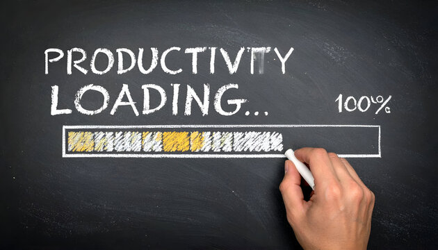 Productivity concept with loading bar and text on blackboard representing growth and efficiency.