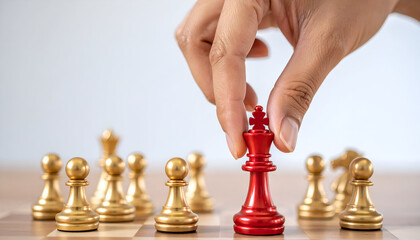 Red king chess piece moved by hand, representing bold leadership, strategy, and vision.