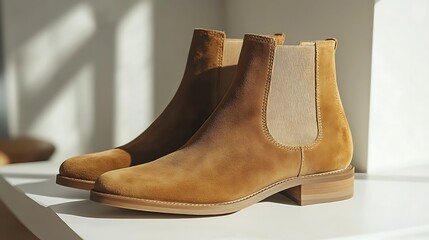 Stylish tan suede ankle boots with elastic side panels for everyday wear