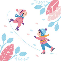 Two cheerful cartoon children wearing winter hats and scarves ice skating on a frozen rink surrounded by stylized leaves and falling snowflakes in a playful colorful illustration