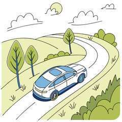 Modern white electric car with a panoramic sunroof drives on a winding road through a scenic green landscape under a bright sun and fluffy clouds