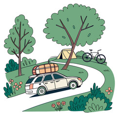 A charming hand drawn illustration depicts a car with camping gear on its roof driving along a winding road towards a campsite with a tent and bicycle surrounded by trees and flowers