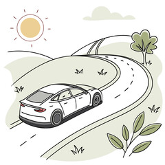 A white sedan drives along a winding road through rolling hills under a bright sun and a single cloud symbolizing travel and freedom