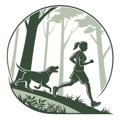 Silhouette of a woman and her dog running together on a forest trail symbolizing outdoor activity and companionship within a circular emblem