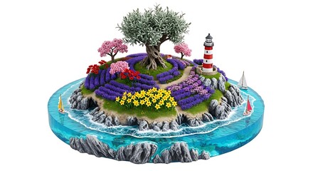 Miniature Island Paradise: Lighthouse, Flowers, Boats, and Serene Ocean View.