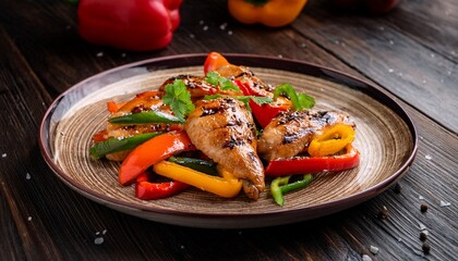 Japanese Gourmet Grilled Chicken With Bell Peppers And Myoga On A Rustic Plate
