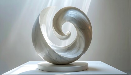 Polished marble sphere sculpture with swirling, dynamic form, displayed on a white pedestal
