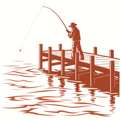 Silhouette of a fisherman standing on a wooden pier casting a fishing line into the rippling water with a hat on his head and a reflection below