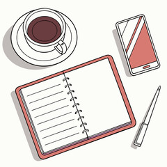 Overhead view of a minimalist workspace featuring a cup of coffee an open notebook a smartphone and a pen perfect for planning or note taking