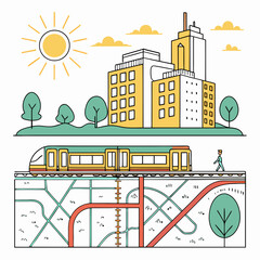 Modern city skyline with a bright sun and clouds above a train on tracks and an underground subway map with trees and a pedestrian walking