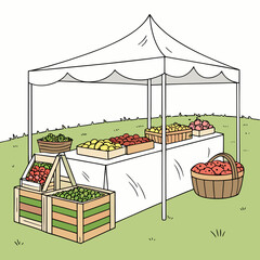 A charming illustration of a farmer s market stall overflowing with fresh produce including apples lemons and leafy greens displayed under a white canopy on a sunny day