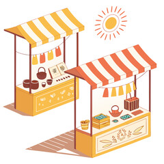 Two charming isometric market stalls with striped awnings display various goods like pottery seeds and produce under a bright cartoon sun evoking a lively outdoor bazaar