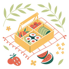A charming isometric illustration of a picnic basket filled with delicious sushi fruits like strawberries and watermelon and decorative elements like leaves and flowers on a checkered blanket