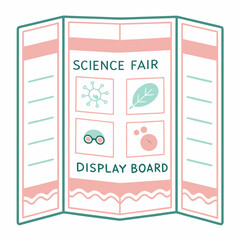 A colorful and simple illustration of a science fair display board with icons representing biology botany and chemistry perfect for educational projects and presentations