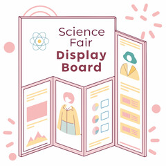 A colorful and simple illustration of a science fair display board with charts graphs and text sections ready for student projects and presentations