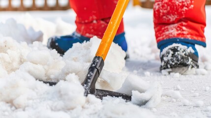 Child in vibrant red snow pants using a yellow shovel to clear fresh white snow from a path during winter