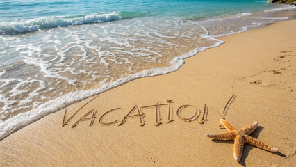 Vacation written in sand with a starfish near the ocean wave.