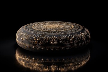 A beautifully crafted black decorative box with intricate golden patterns. The box is oval-shaped and reflects light against a dark background.