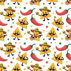 Obraz premium Seamless mexican fiesta pattern with nachos sombrero maracas guitar and chili peppers background vector design