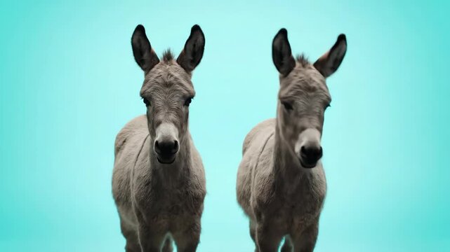 Two grey donkeys stare ahead set against a light blue backdrop They are the focal point