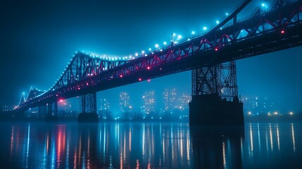 Naklejka premium Night bridge, city lights, fog, water reflection, cityscape