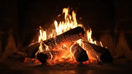Close-up of burning logs in a cozy fireplace at night. Warm and relaxing flames create a tranquil - Powered by Adobe