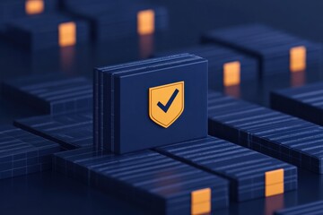 Digital security shield icon standing out among abstract data blocks, representing robust online protection and data integrity