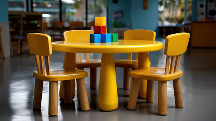 Colorful play area with a yellow table and building blocks