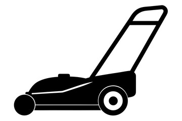 A modern cordless electric lawn mower silhouette, featuring a sleek body and an integrated handle.
