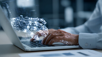 AI generating reports and documents. Generative artificial intelligence analyzing text and data. Businessman typing on laptop computer keyboard at desk in office. Stock Illustration