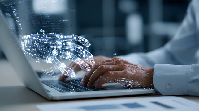 AI generating reports and documents. Generative artificial intelligence analyzing text and data. Businessman typing on laptop computer keyboard at desk in office. Stock Illustration