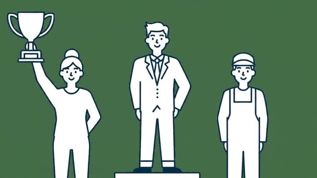 Winners celebrate success on podium with trophy in flat vector illustration