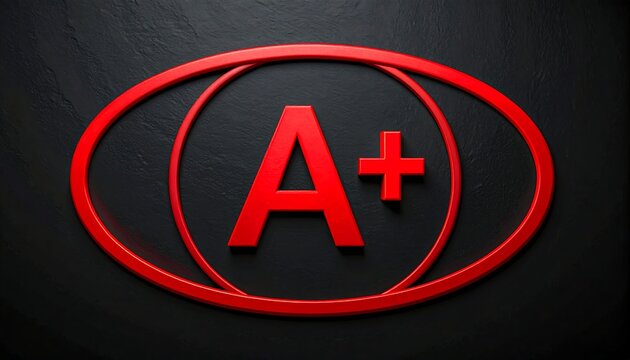 Red A+ grade symbol in double oval frame on dark background